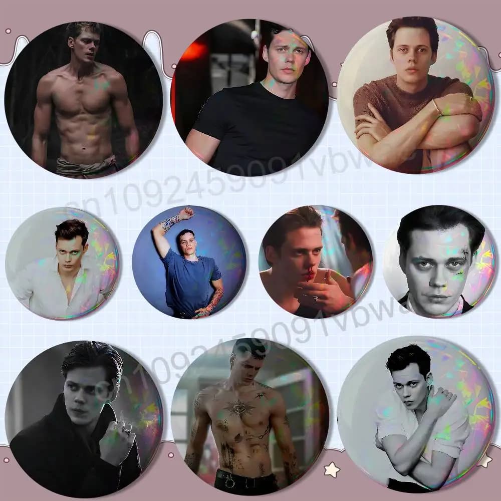 Muscle cool Bill Skarsgard Reflective Pin Tinplate Round Brooch Cartoon Cosplay Badges for Bag Hat Toys Gifts