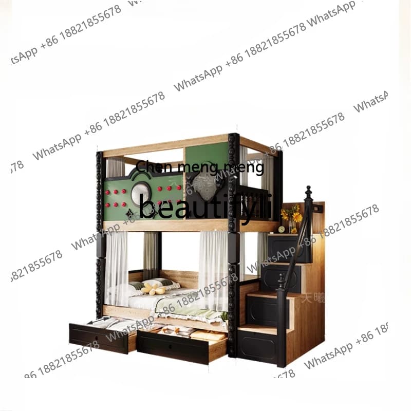 upper and lower double-layer multi-functional all-solid wood child and mother slide bed upper and lower bunk sister bed doubleH