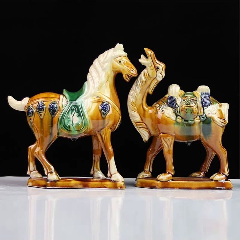 Chinese Tang Tri-Color Glazed Ceramics War Horse Porcelain Statue 8.27 inch Home Ornaments