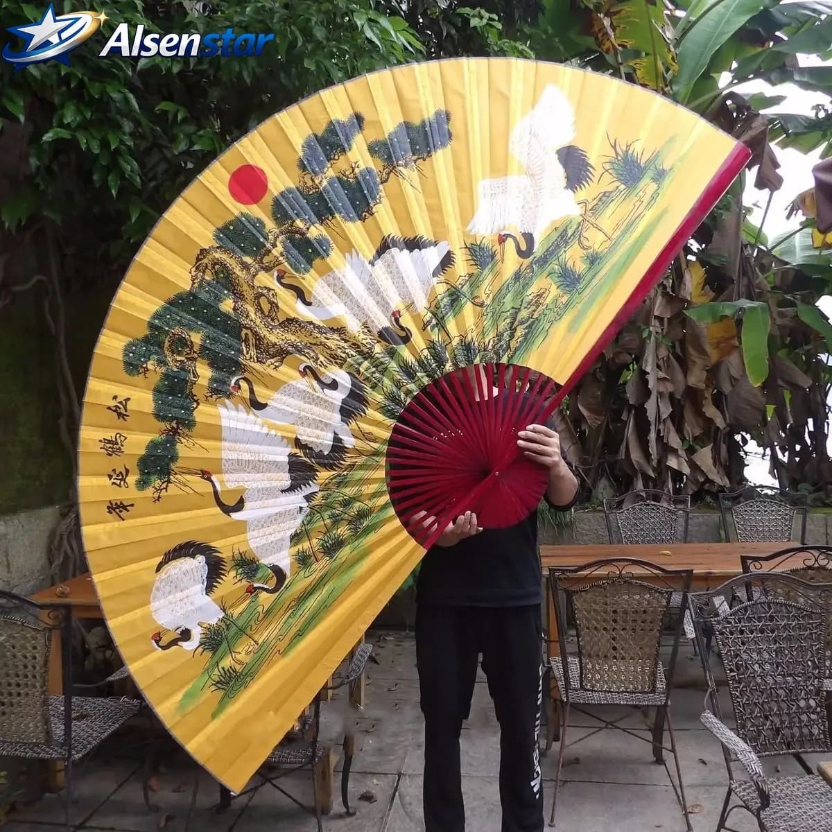 Wall Mount Silk Imitation Decorative Fan Classical Oversized Longevity Crane Decoration Fan Living Room Decorative Furnishings