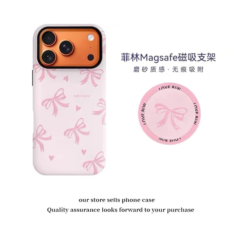 Ins Pink Heart-shaped Bowknot Phone Case for IPhone 17 16 Pro 15 14 13 12 11 Pro Max Cover with Magsafe Cute Stand Holder Cases