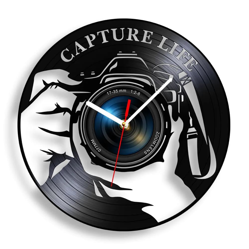 Capture Life Flash Camera Vinyl Record Wall Clock Photostudio Film Studio Photography Watch Retro Wall Clock Photographer Gifts