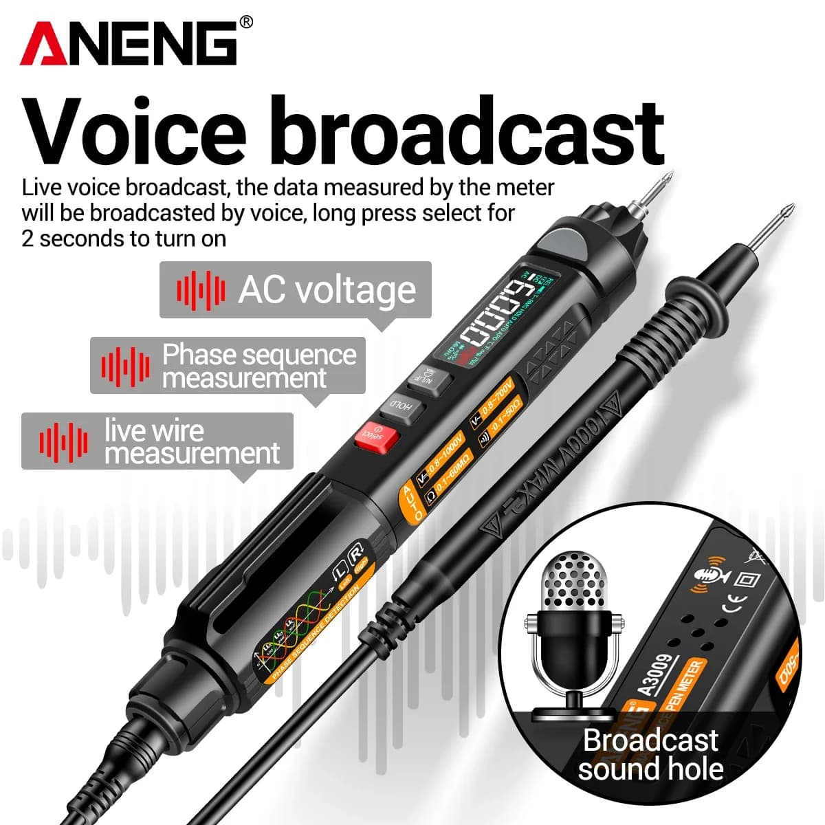 ANENG A3009  6000 Counts Intelligent Broadcast NCV Tester AC DC Voltage Resistance  Diode Display Auto Range Electrician Tool
