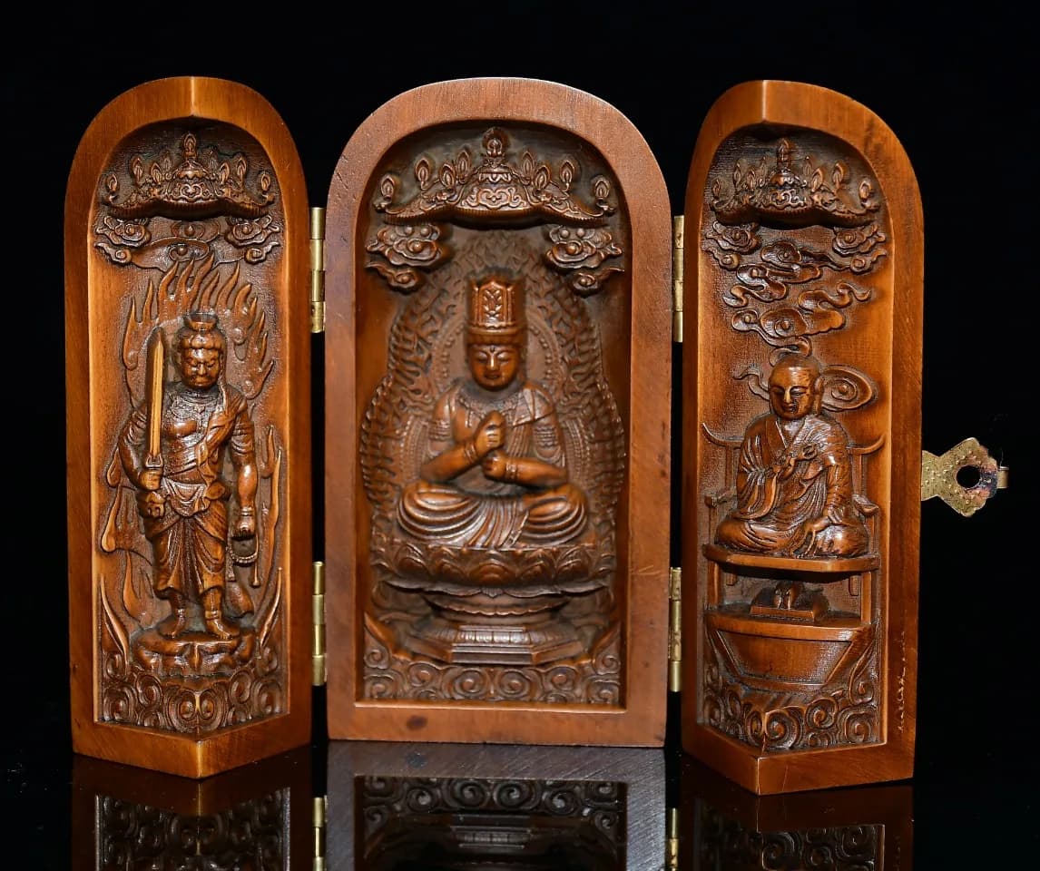 4"Xizang Folk Old Boxwood Three Guanyin Bodhisattva Buddha Three Open Boxe Acalanatha Ksitigarbha Worship Hall