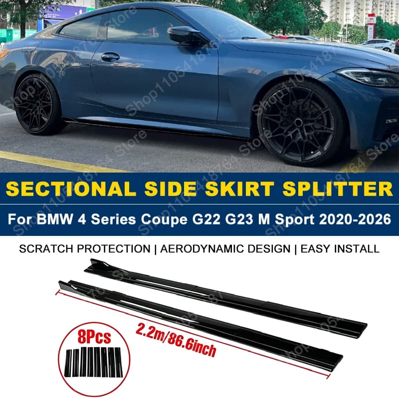 2.2M/86.6" Side Skirts Extension Rocker Panel Splitter For BMW 4 Series Coupe G22 G23 M Sport 2020-2026 2021 2022 ABS Plastic