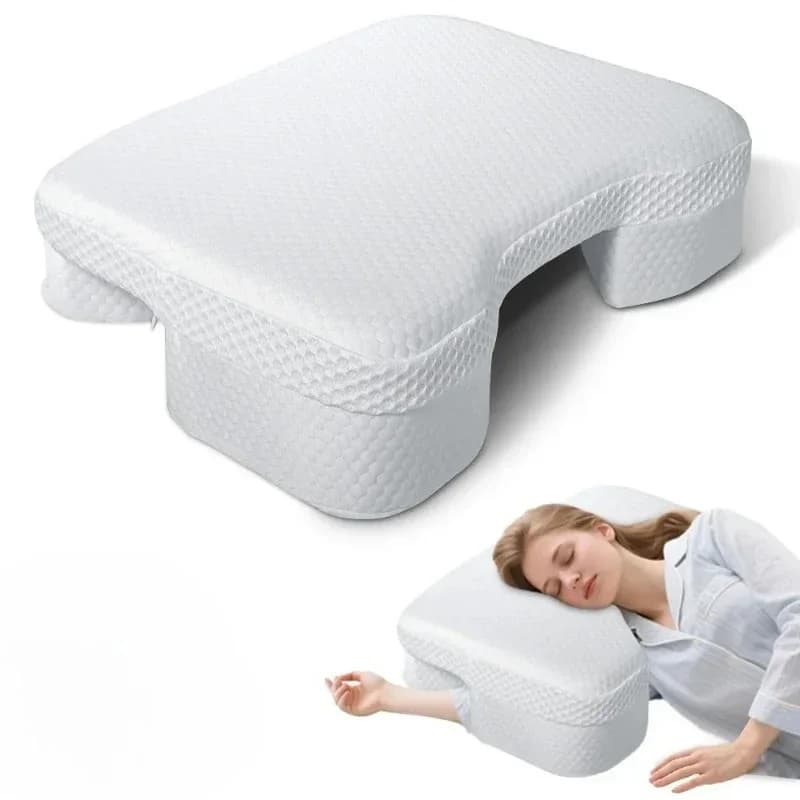 Adult shoulder pain relief with arm hole cooling side sleeper pillow, ergonomics, comfortable sleep