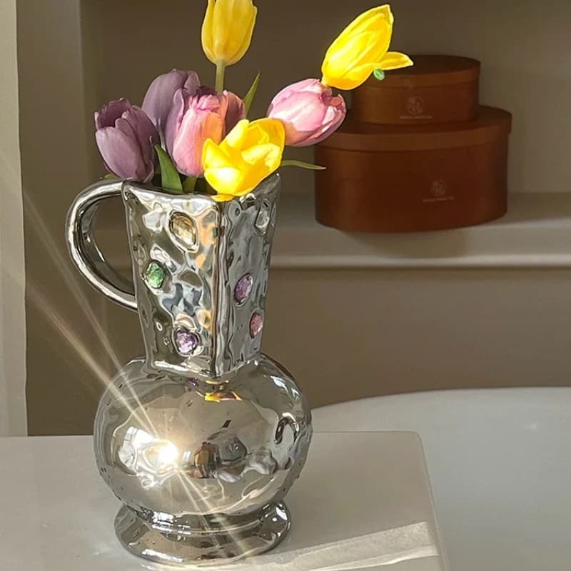 Vase Hydroponic Flower Arrangement Ornament Electroplated Silver Ceramic Creative Home Decoration Bedroom Living Room Ornament