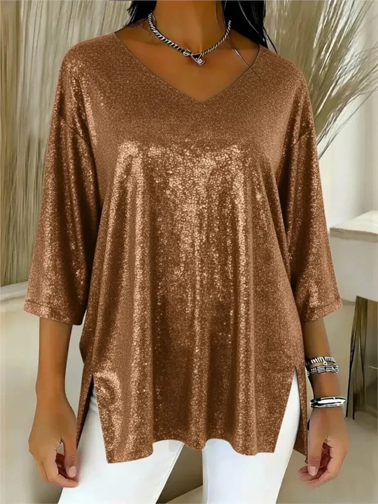 Sparkling T-shirt Spring Summer Women's Loose V-neck Three Quarter Sleeves Slit Solid Color Top Ropa Para Mujer Roupas Feminina