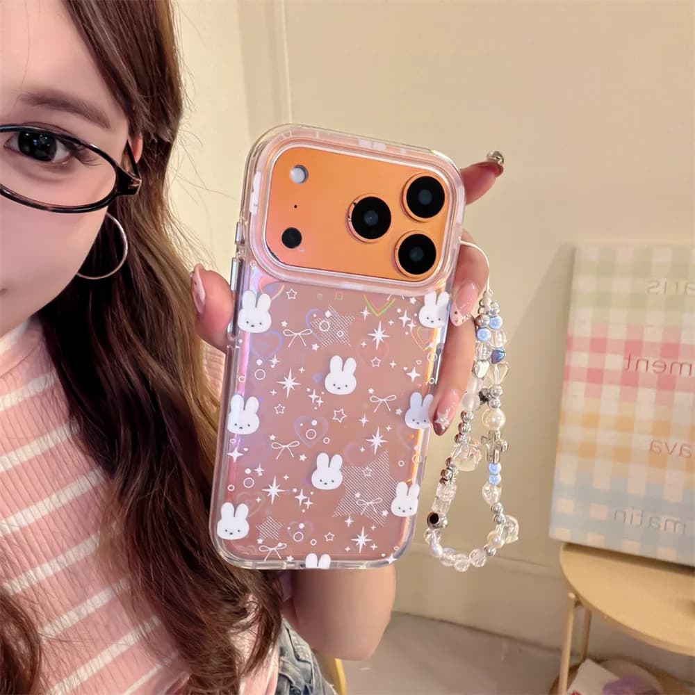 Cute star bow love rabbit mobile phone case  for iPhone 13 14 15 16 17 Pro Max with hinge Korean INS cartoon shockproof cases