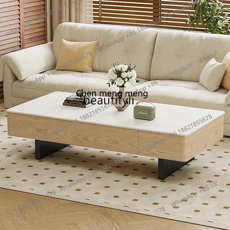 SS ss7486 Cream wind solid wood coffee table light luxury modern living room home, rectangular pure white rock slab coffee table