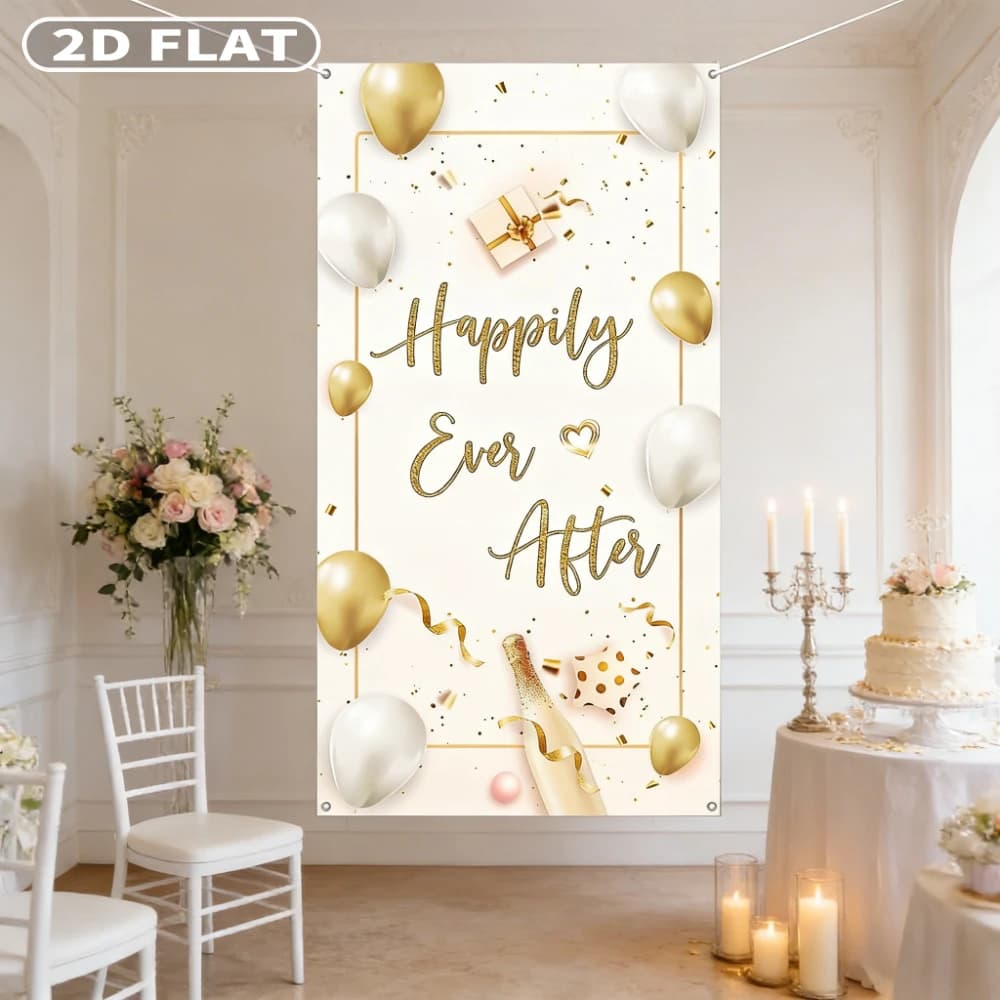 2D FLAT 1pc Happily Ever After Door Party Banner Decor 95x185cm/37.4x72.83inch Party Banners and Wedding Party Door Cover