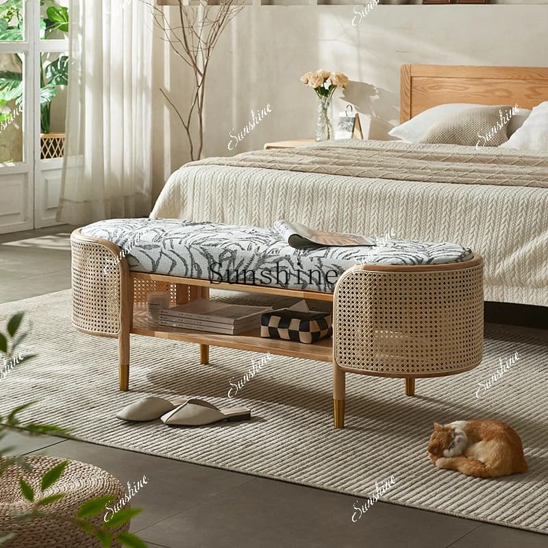 Nordic B & B bedside stool bedroom rectangular home test shoe rattan bedside solid wood  FT