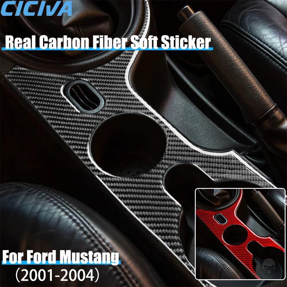 Real Carbon Fiber Car Accessories Gear Shift Cup Holder Panel Cover Soft Sticker For Ford Mustang 4th Gen 2001 2002 2003 2004