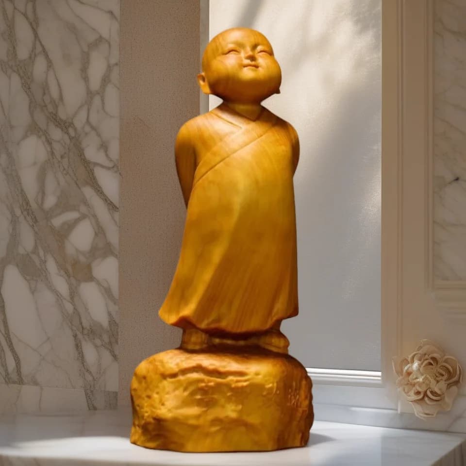 wood carving Chinese characteristic little monk Decorate small statues Cute home, room, office, car Character ornaments