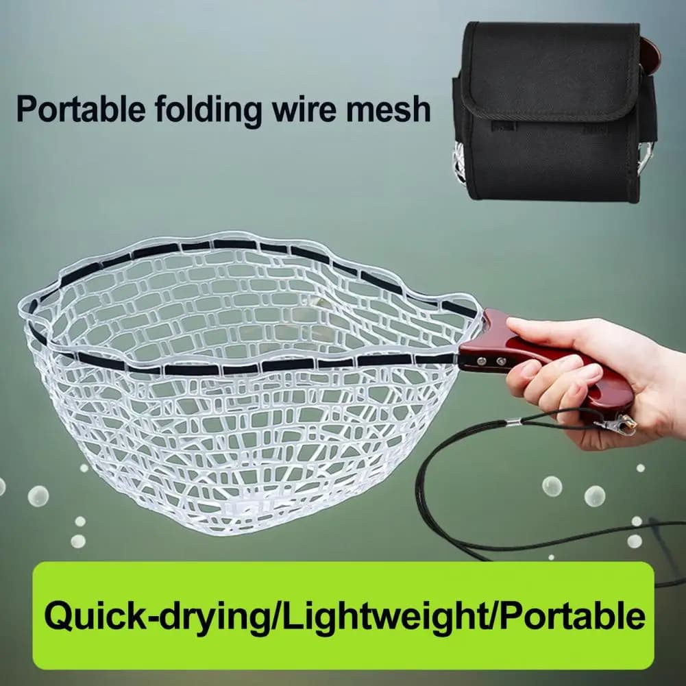 Fishing Dip Net Wooden Carved Handle Fishing Landing Net for Quick-drying Silicone Catch Release Foldable Dip Net for Kayak