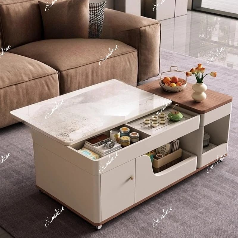 Small apartment light luxury modern simple cream wind tea integrated rock slab lifting tea table