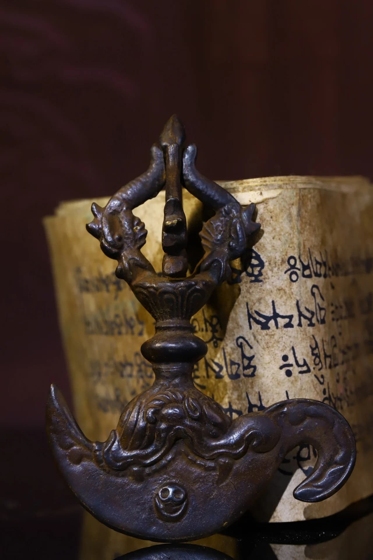 5"Tibetan Temple Collection Old Bronze Cinnabar Five shares Dorje Vajra Phurpa Amulet Dharma Town house Exorcism