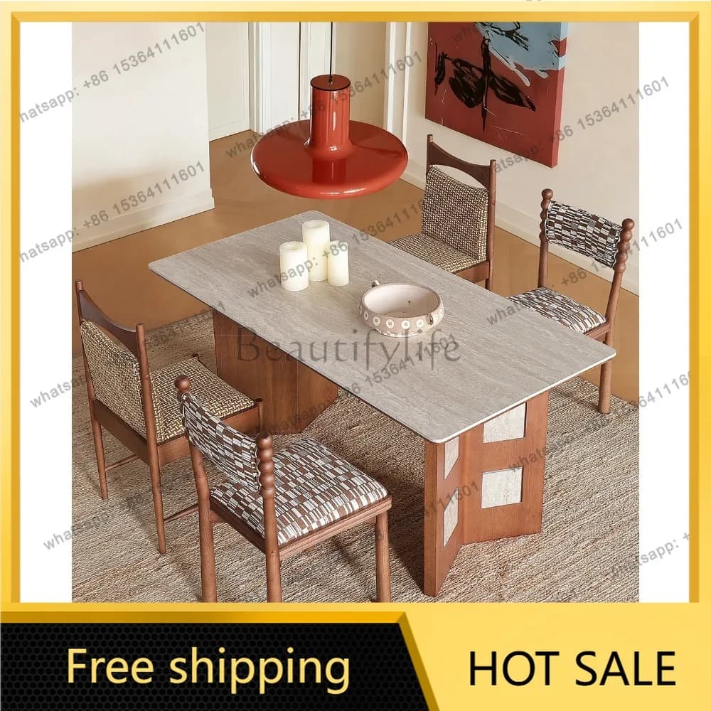 LD solid wood rectangular dining table modern simple medieval wind tunnel stone rock slab dining table