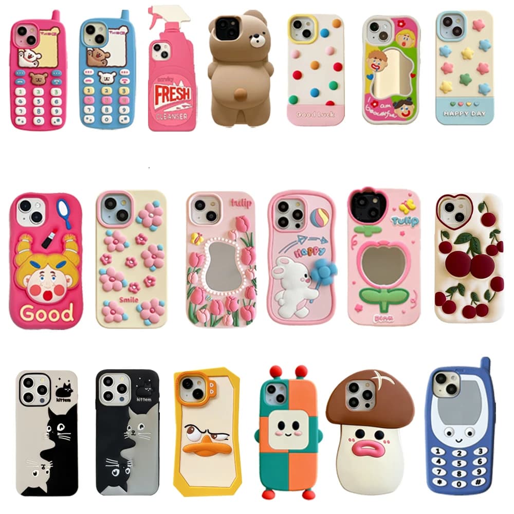For iPhone 12 13 14Promax 15 Pro Max 3D Cute Cartoon Soft Silicone Phone Case Back Cover Shell Skin, Animal, Flower, Cat, Bear