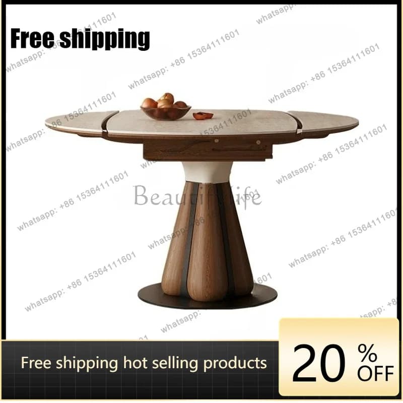 YJ retractable travertine solid wood rock slab dining table, antique foldable small apartment, modern simple round