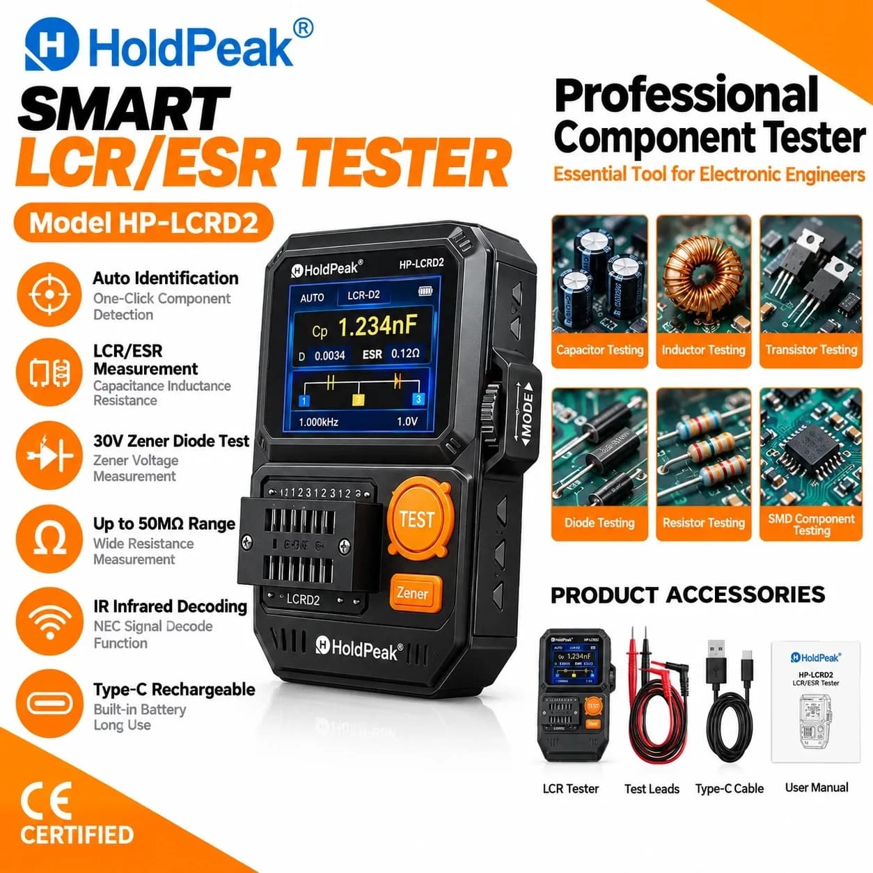 HJoldPeak LCR-D2 Multifunction Transistor Tester LCR ESR Meter Diode Zener IR Decoding SMD 1.77" TFT Type-C