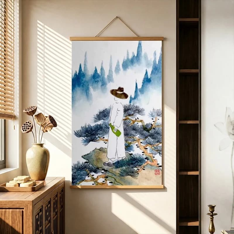Wall Decor Poetic Green Gardens and Mountain Pavilions, Oriental Storybook Pearlescent Canvas Wall Hanging Scroll for Tea House