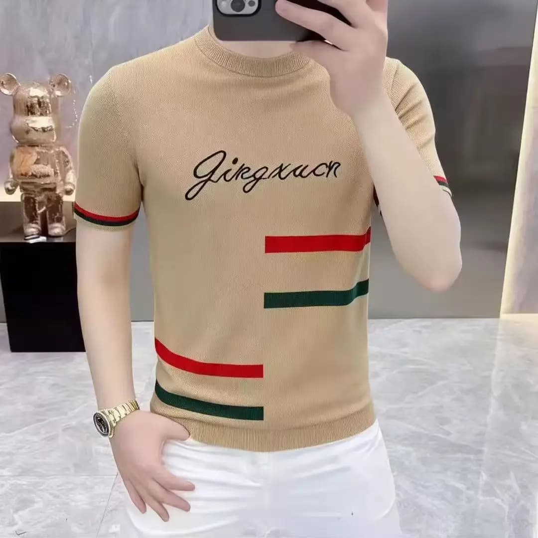 Summer Jacquard Knitted T-shirt Men Ice Silk Breathable Short Sleeve Casual Tshirts Versatile O-neck Streetwear Tees 2026