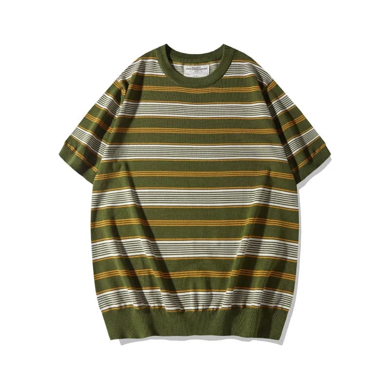 Spring/Summer New Men's Thick Heavy Knitted Stripe T-shirt Simple Daily Round Neck Pullover T-shirt Soft High Elasticity Tops
