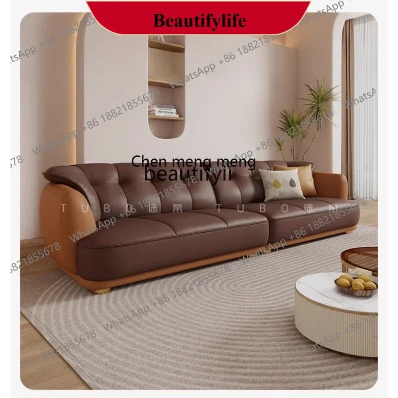 z183 New leather sofa living room first layer cowhide three-person straight row small apartment color matching high-end