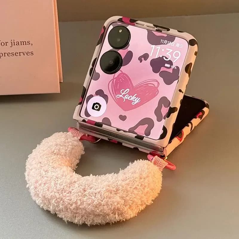 Mix Flip Case Cute Pink Leopard Print Flip Phone Case For Xiaomi Mix Flip Cases Puppy Cover With Plush Handheld &Crossbody Strap