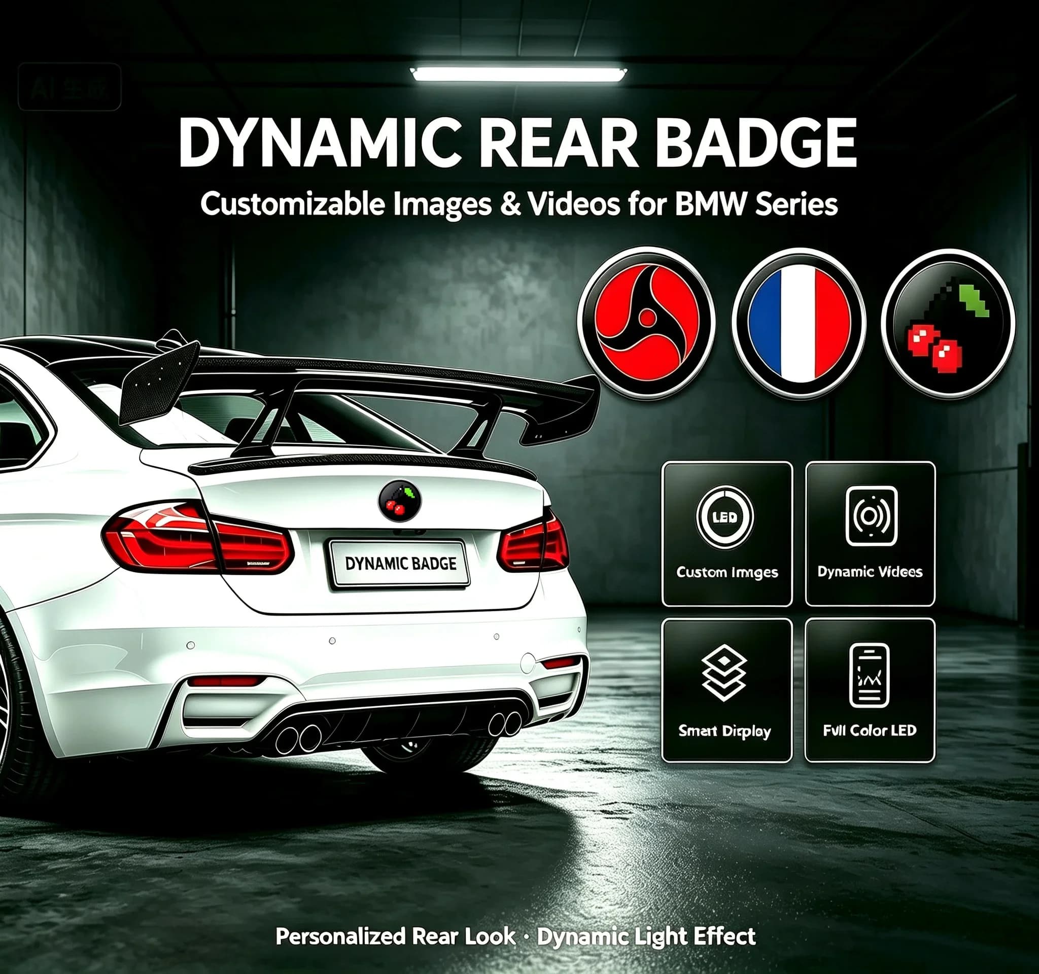 Dynamic LED car logo, high-definition animated trunk emblem, suitable for BMW X1, X2, X3, X4, X5, X6, 520, 530, M2, M3, M35i,etc