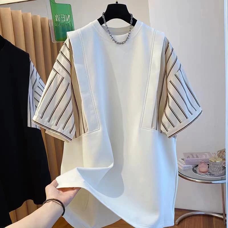 2024 Fake Two Piece Men O Neck Short Sleeve T Shirts Summer Fashion Striped Print Spliced Loose 2xl Oversized Clothing All-match
