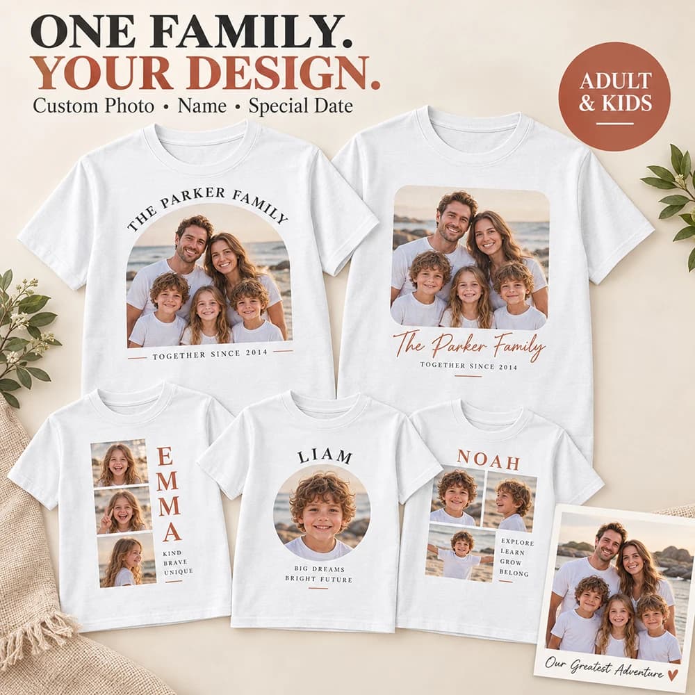 Personalized Family Photo T Shirt Custom Name Text Short Sleeve Crew Neck Casual Unisex Tee for Reunion Party Anniversary Gift