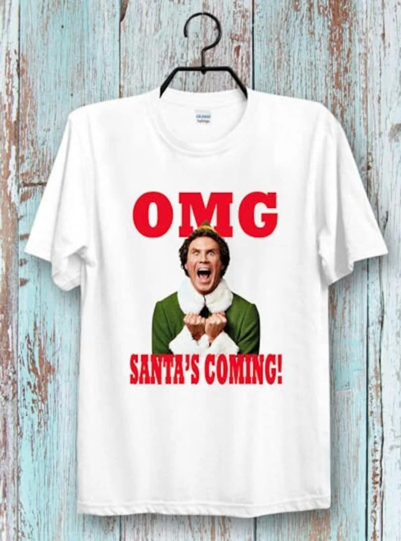 OMG The Elf Santa Is Coming Christmas Xmas Tee Top Unisex High Quality Cotton T-Shirt Cool Ideal for Unisex Short-sleev Tops