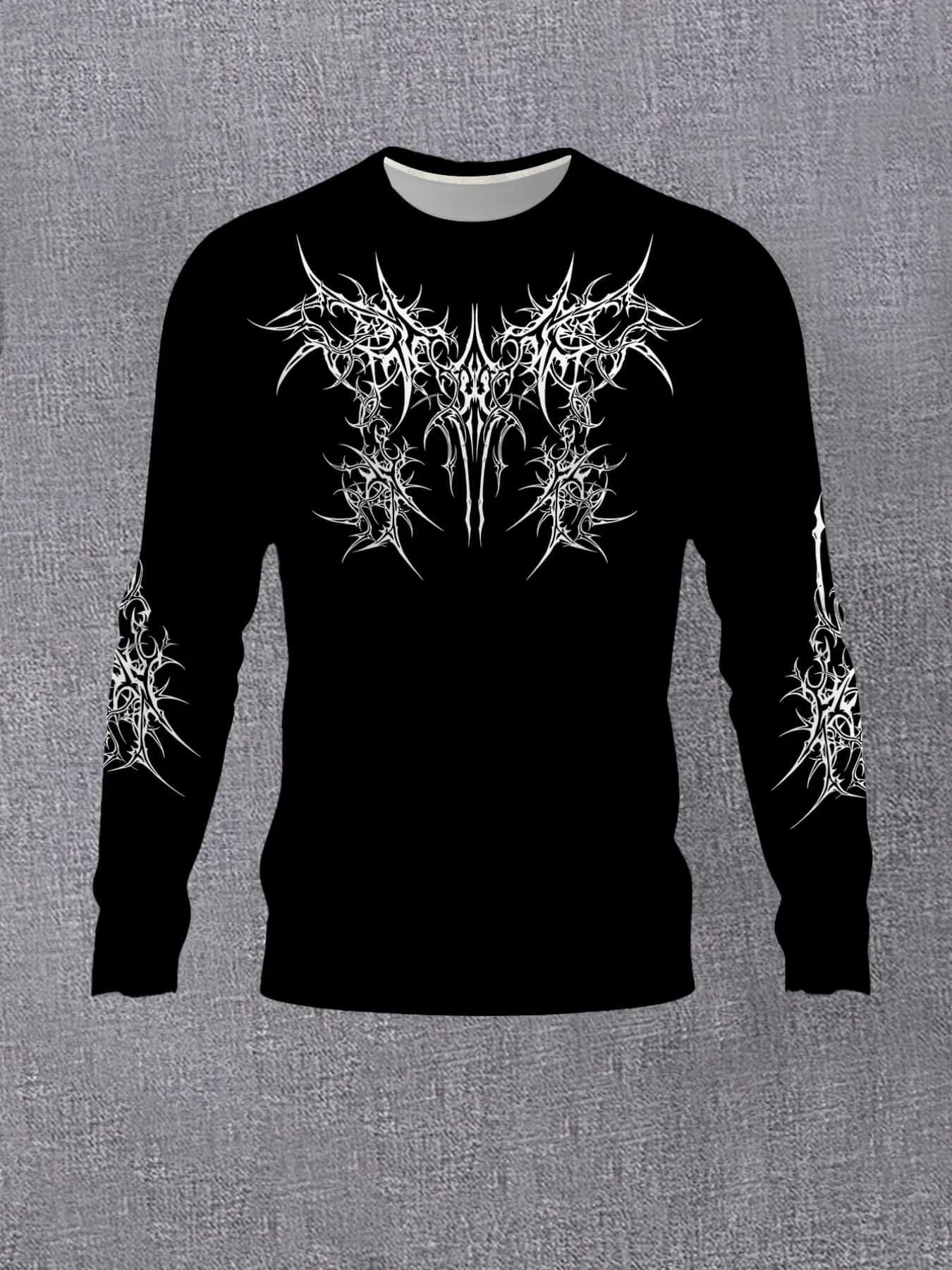 Men’s Long Sleeve Gothic Spike Print T-Shirt Regular Fit Casual Crew Neck Shirt Autumn Daily Fashion Versatile Top