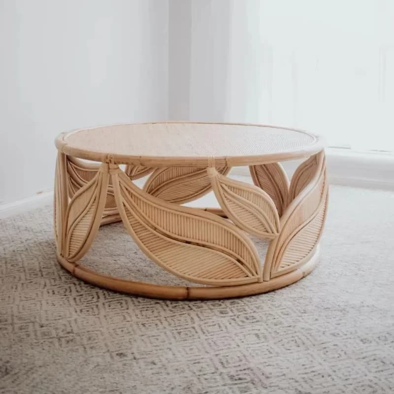 Rattan Tea Table Handmade Bamboo Desktop Rattan Side Table Bohemian Vintage - Round