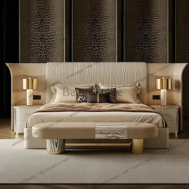 LSModern Style Double Beds Luxury Leather Bed Master Bedroom High-end Elegant 1.8m Double Bed Extended Headboard Soft Bed Set