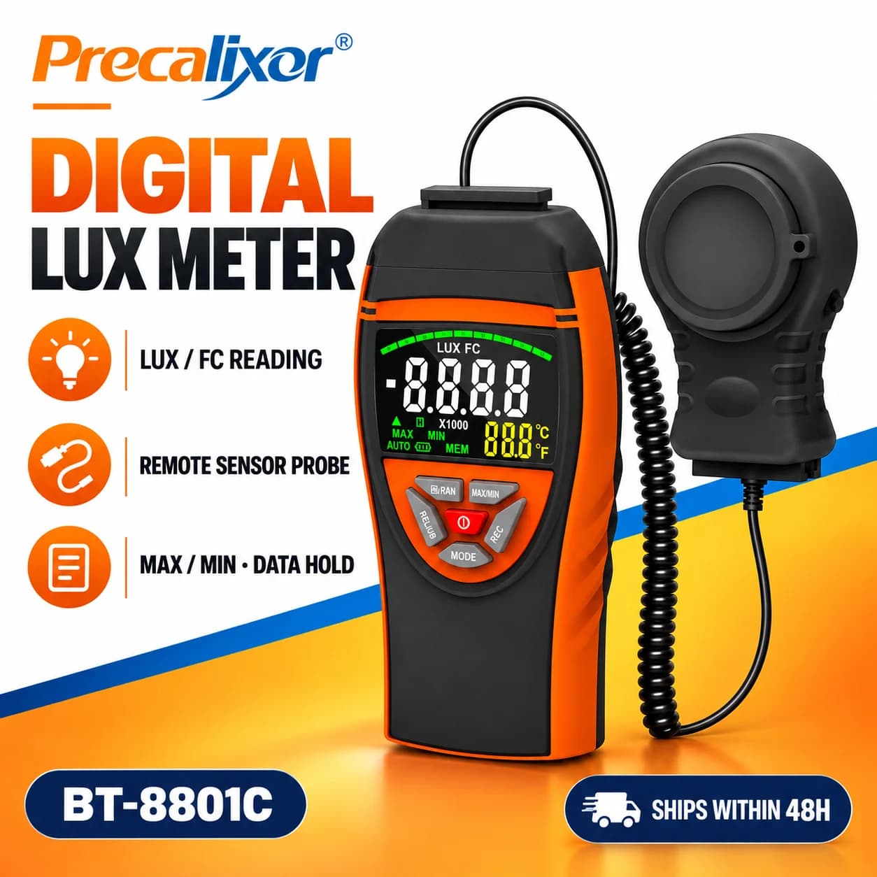 Digital Lux Meter 0.1~400,000Lux Lighting Meter Lux Meter Illuminance Light Meter with Extendable Light Detector up to 2 Metres