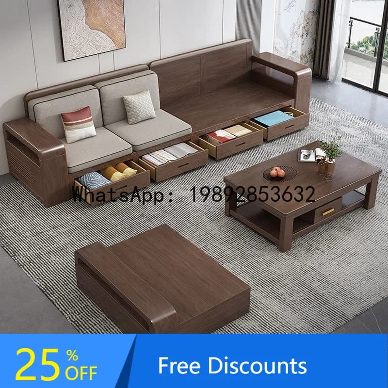 CZ   Walnut Solid Wood Sofa with Drawers, Dual-use for Winter and Summer, Modern Minimalist Floor-standing Storage Furniture