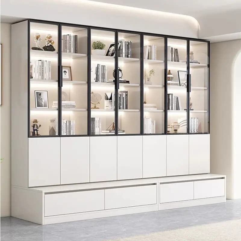 Bookcase with Glass Doors & Drawers Living Room Cabinet Household Large Storage Display Cabinet Set Repisa Para Libros Home