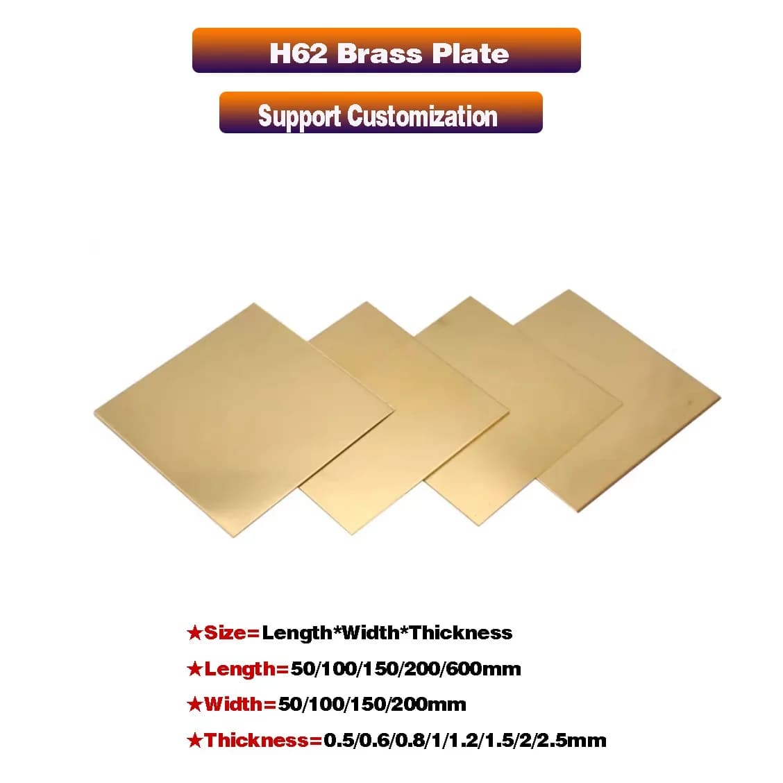 H62 Brass Plate Foil Copper Strip Copper Rod Brass Plate Laser Cutting DIY Customization  Thickness 0.5/0.6/0.8/1/1.2/1.5/2mm