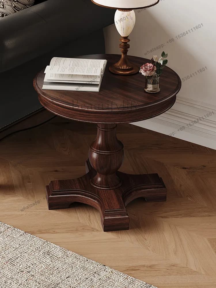 American retro rural all-solid wood small round table, small coffee table next to the household sofa