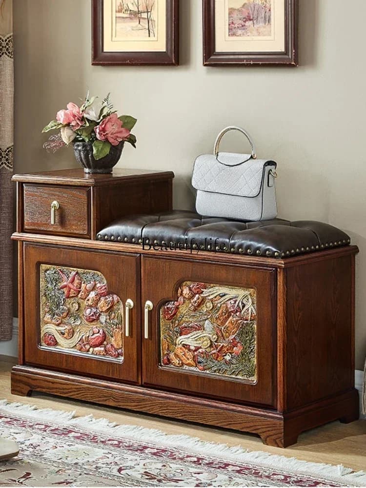 01American solid wood home door entry retro storage simple storage shoe stool cabinet