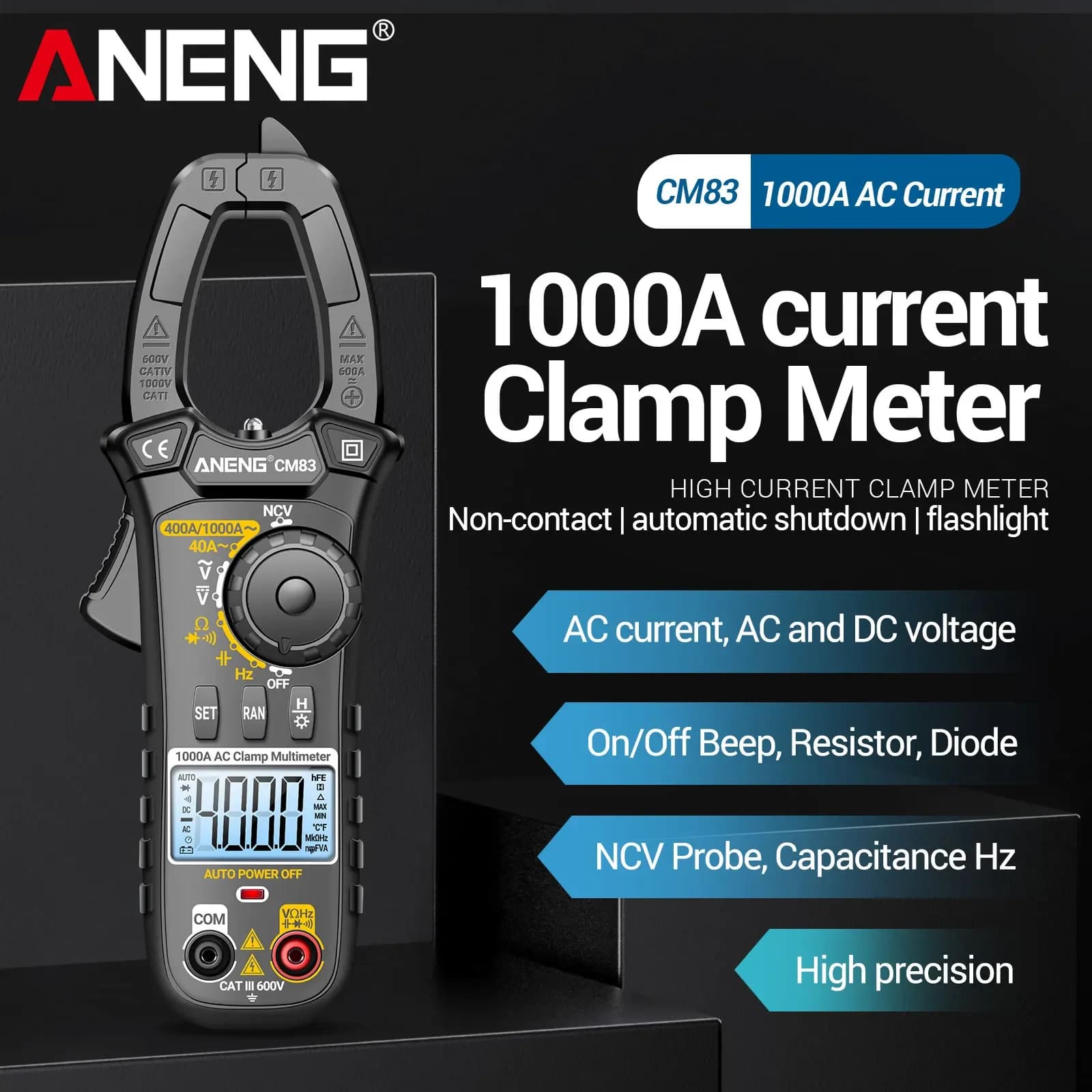 ANENG CM83 Digital Clamp Meter 4000 Counts AC DC Voltage Detector NCV Current Resistance Capacitance Frequency Tester Multimeter