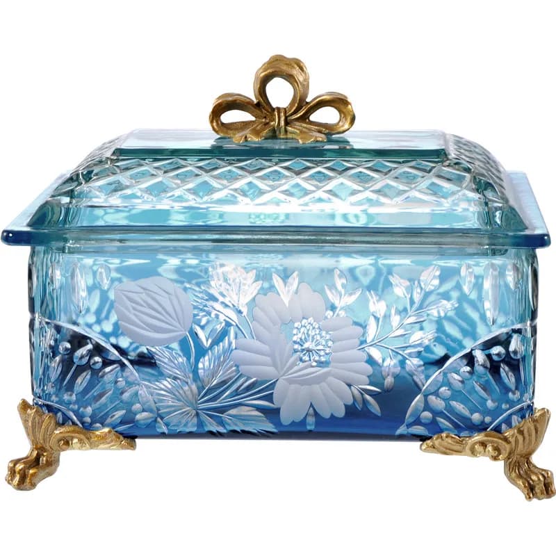 &c European-style Blue Hand-carved Copper Glass Rectangular Lid Box High-end Home Decoration Box