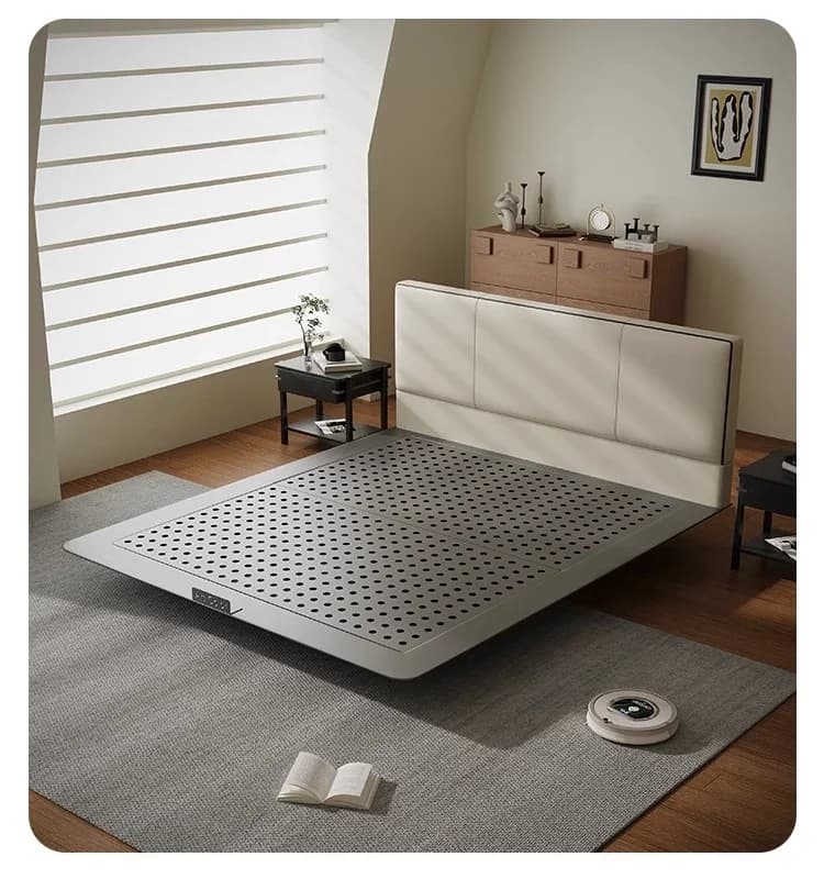 Hotel Bedroom King Bed Simple Cream Style Metal Structure Light Emitting Diode Light Floating Bed  Frame Leading Board