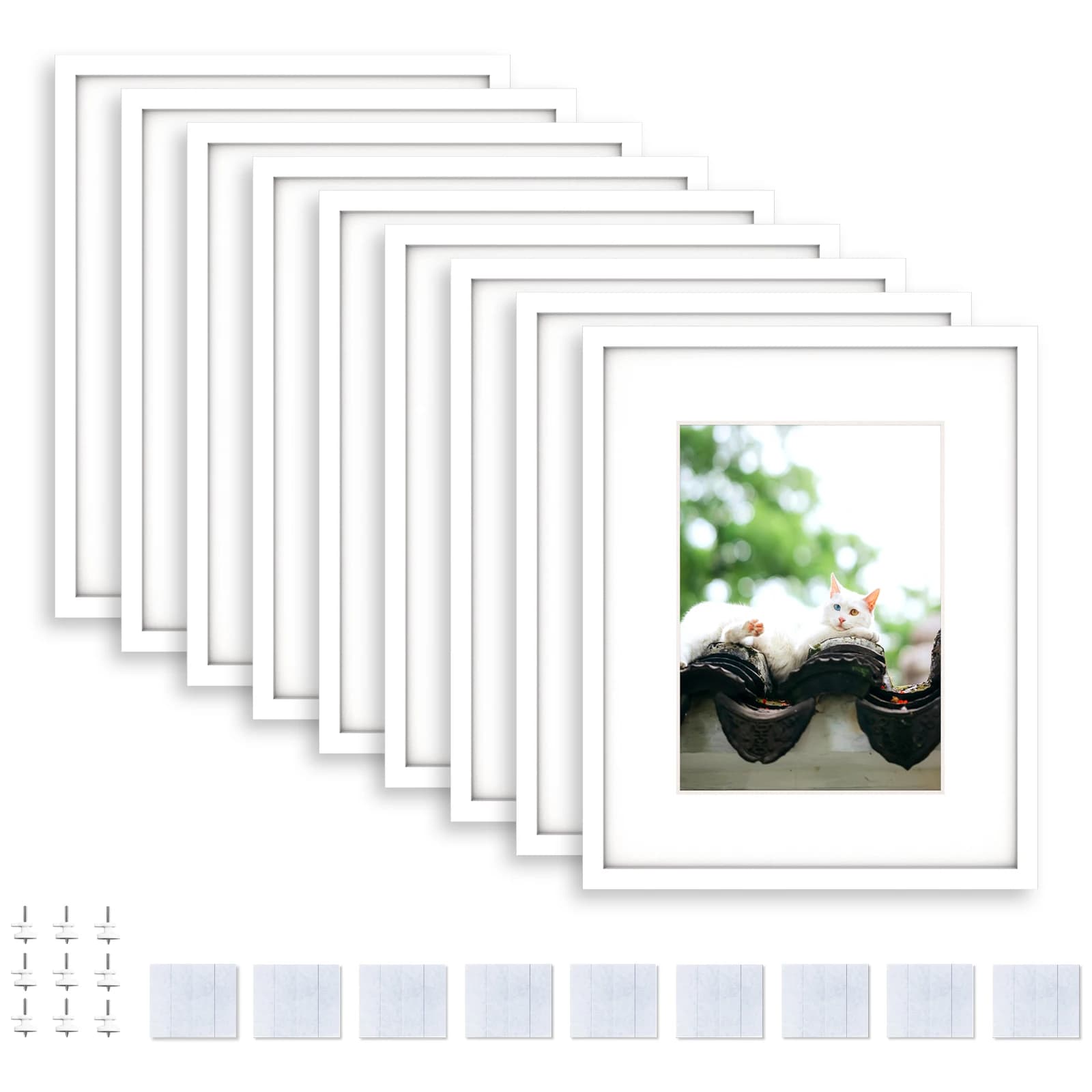 Picture Frame Set of 9, Display Pictures, 5x7 "with Mat or 8x10" without Mat, Photo Tiles, Wall Gallery with Restickable Tape