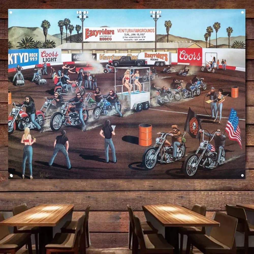 Motorcycle Tug of War Flag Banner Mural Retro Wall Decor Poster Car Painting For Garage Man Cave Bar Club Pub Gift for Cyclists