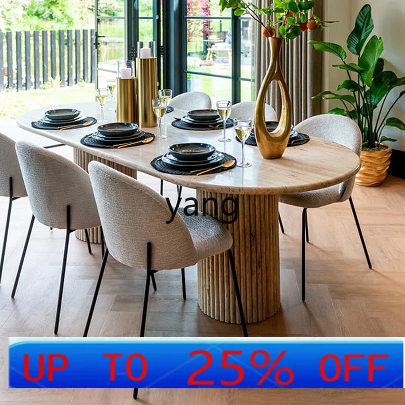 LHH wabi sandy wind natural travertine dining table retro solid wood dining table and chair combination home dining table