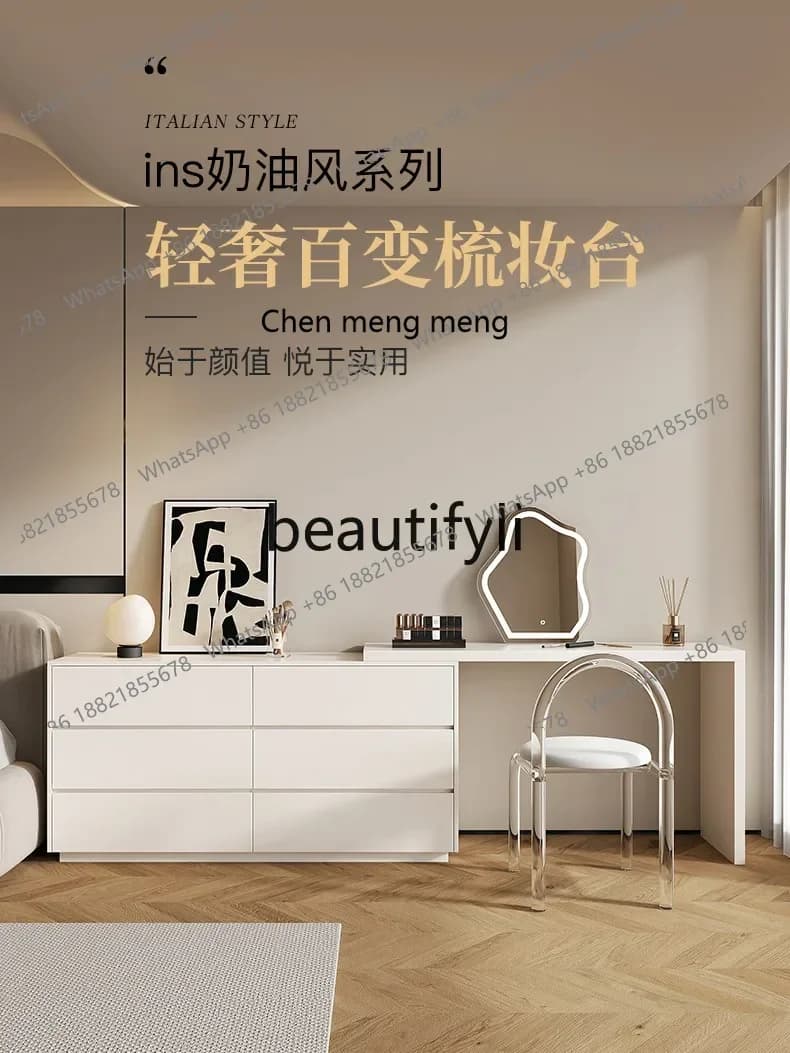 CQY Cream Style Dressing Table with Integrated Storage and Chest of Drawers, Light Luxury Solid Wood Makeup Table